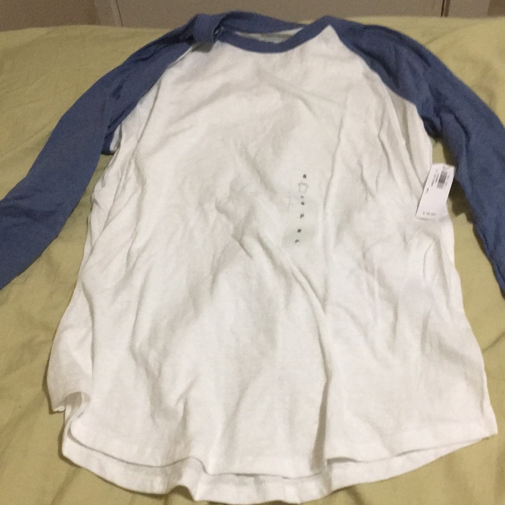 old navy blue and white raglan shirt